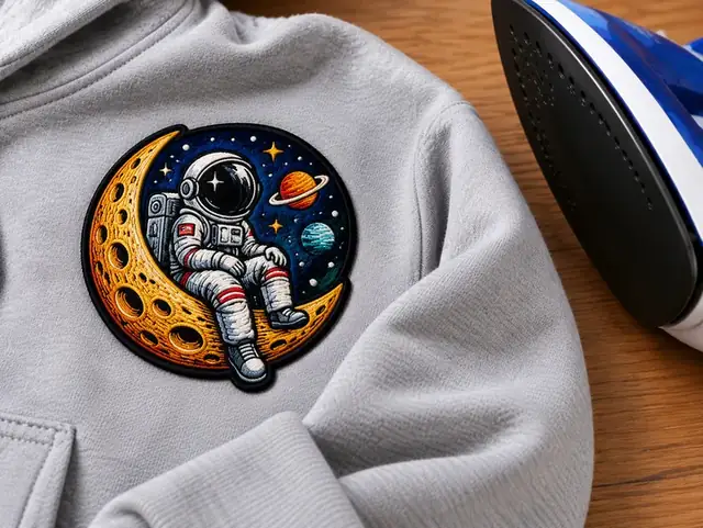 Bügel-Rückseite: Astronauten-Patch auf grauem Hoodie neben einem Bügeleisen