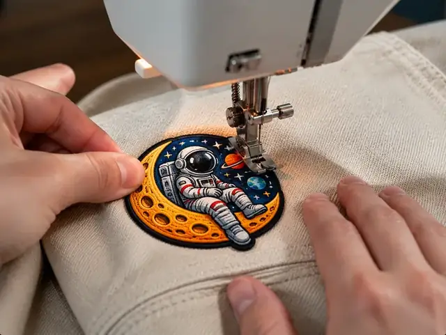 Rückseite zum Aufnähen: Astronauten-Patch wird mit der Nähmaschine aufgenäht