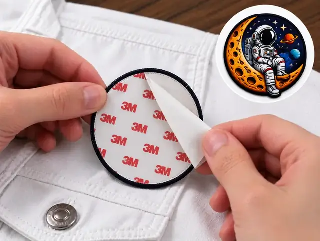 Selbstklebende Rückseite: die 3M-Schutzfolie wird von einem runden Patch abgezogen
