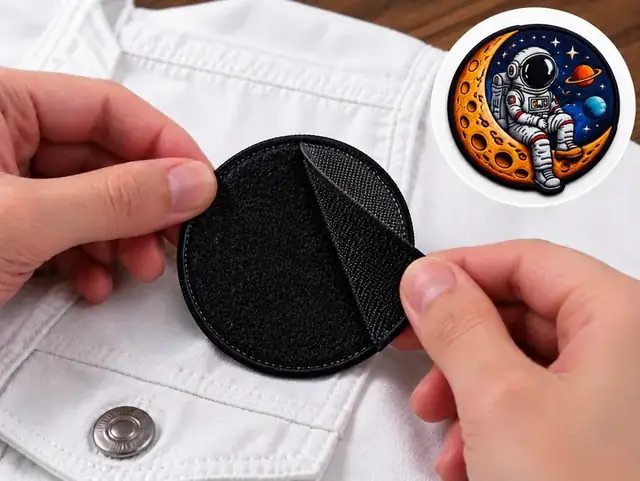 Klett-Rückseite: die Hakenseite eines runden Patches wird abgezogen, die Vorderseite ist in der Ecke zu sehen