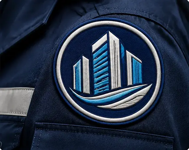 Fertiges Patch, aufgenäht auf ein dunkelblaues Arbeitshemd