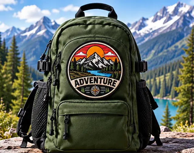 Grüner Rucksack mit rundem Berg-Patch