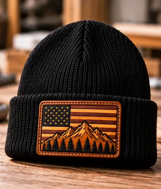 Schwarze Mütze mit Leder-Patch mit Flagge und Bergen