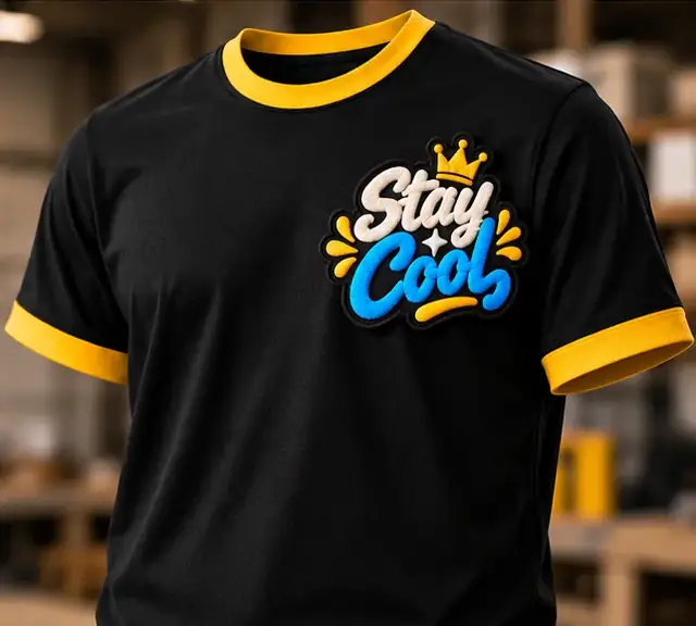 Schwarzes T-Shirt mit Patch „Stay Cool“ auf der Brust