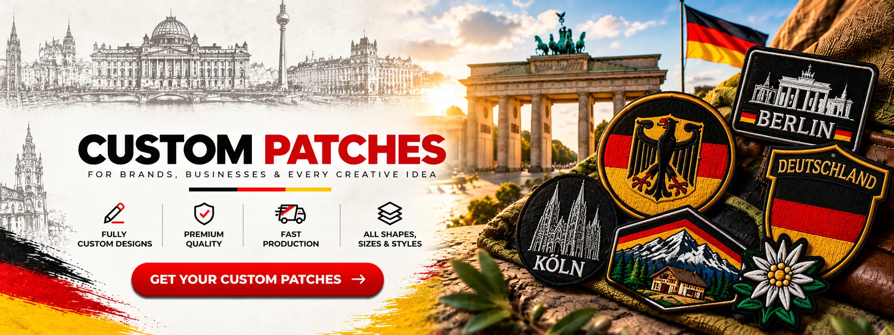 Patches nach Wunsch für Deutschland: gestickte Patches mit Bundesadler, Berlin, Köln, Deutschland-Wappen, Alpen und Edelweiß vor dem Brandenburger Tor