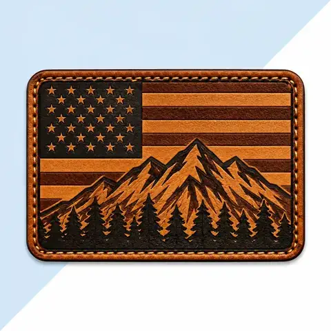 Rechteckiges Leder-Patch mit Flagge über Bergen und Kiefern