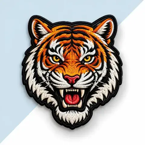 Gesticktes Patch eines brüllenden Tigerkopfs in Orange, Weiß und Schwarz