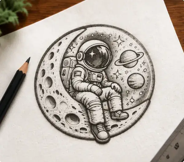 Bleistiftskizze eines Astronauten auf einer Mondsichel