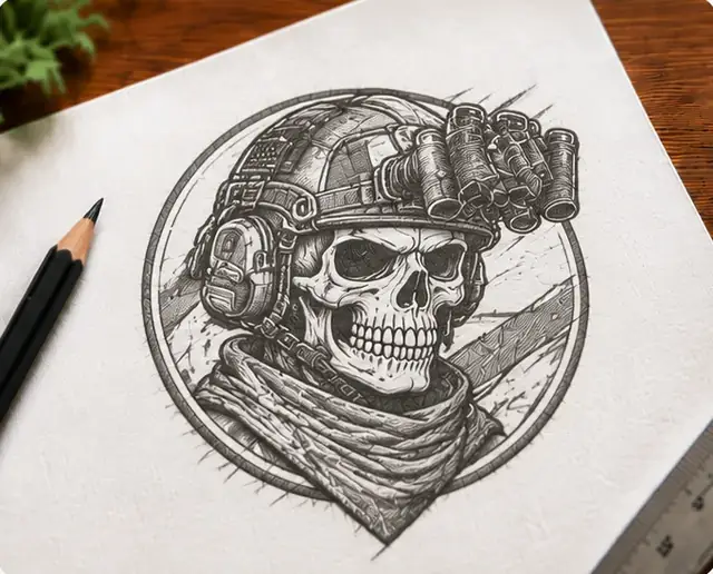 Bleistiftskizze eines taktischen Totenkopf-Patches