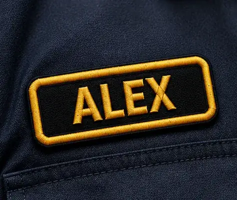 Das fertige Namens-Patch auf einem dunkelblauen Arbeitshemd
