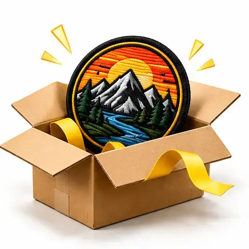 Geöffnetes Paket mit einem Berg-Patch