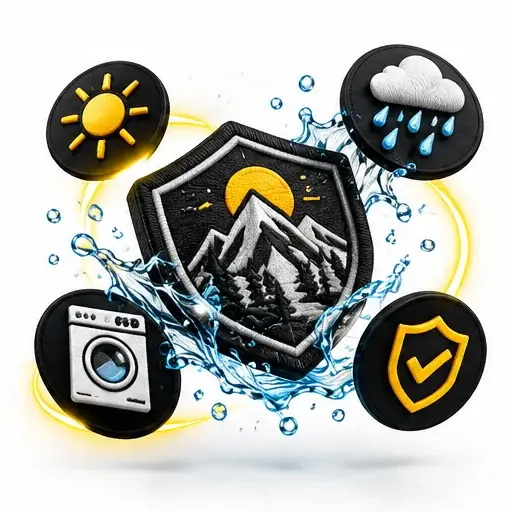 Wappenförmiges Patch mit Wasserspritzern und Symbolen für Sonne, Regen, Waschmaschine und Garantie