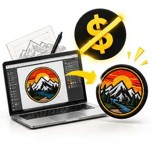 Motiv vom Laptop wird zum Patch, durchgestrichenes Geldsymbol für keine Einrichtungskosten