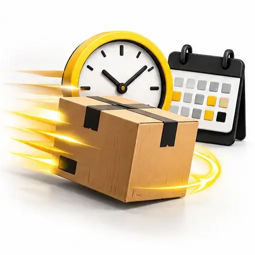 Paket eilt an Uhr und Kalender vorbei, Symbol für die Lieferzeit