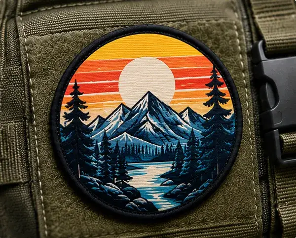 Das fertige bedruckte Patch auf einer olivfarbenen Tasche