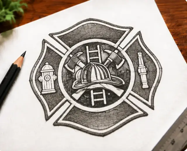 Bleistiftskizze eines Feuerwehr-Patches mit Malteserkreuz