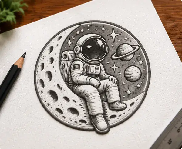 Bleistiftskizze eines Astronauten auf einer Mondsichel
