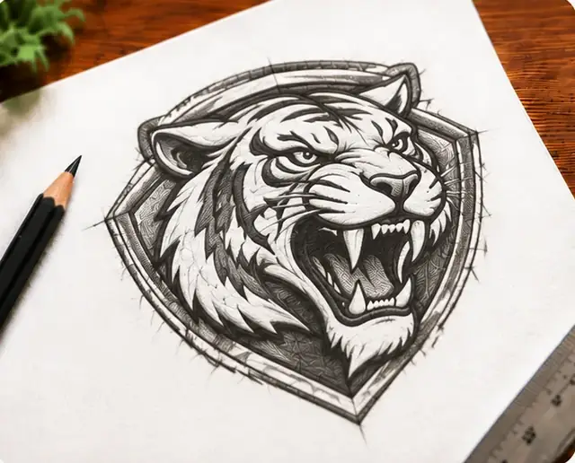 Bleistiftskizze eines Team-Patches mit Tiger-Wappen