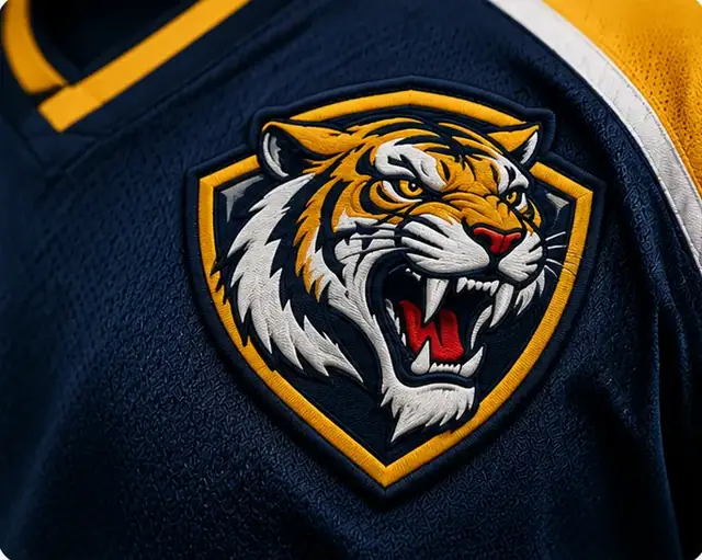 Das fertige Patch auf einem dunkelblauen Trikot