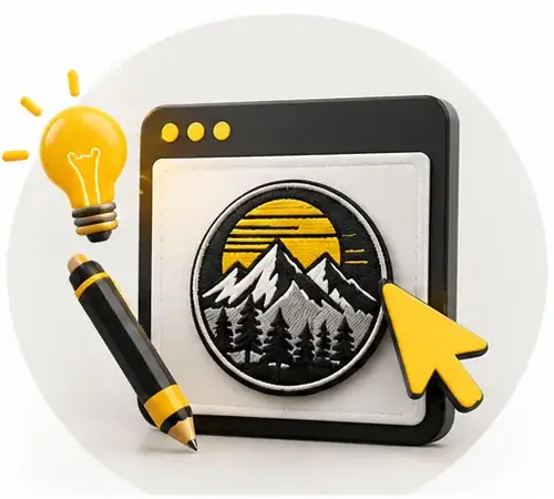 Bleistift, Glühbirne und Mauszeiger neben einem Berg-Patch-Design auf dem Bildschirm