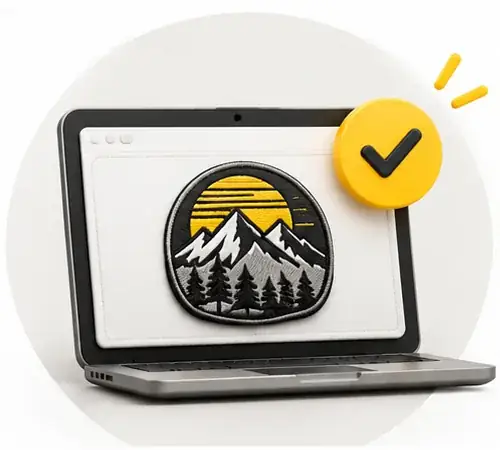 Laptop mit einem Berg-Patch-Entwurf und gelbem Freigabehaken