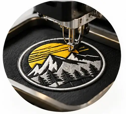 Stickmaschine stickt ein Berg-Patch