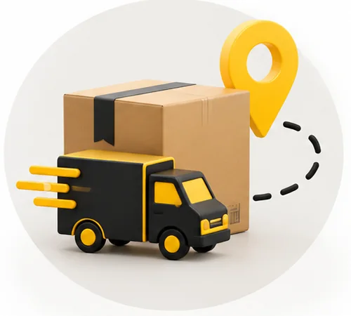 Lieferwagen und Paket mit Standort-Pin