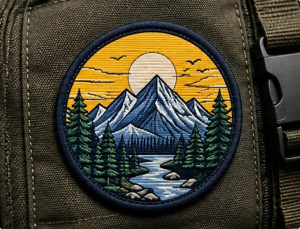 Das fertige gewebte Patch an einem olivfarbenen Taschengurt